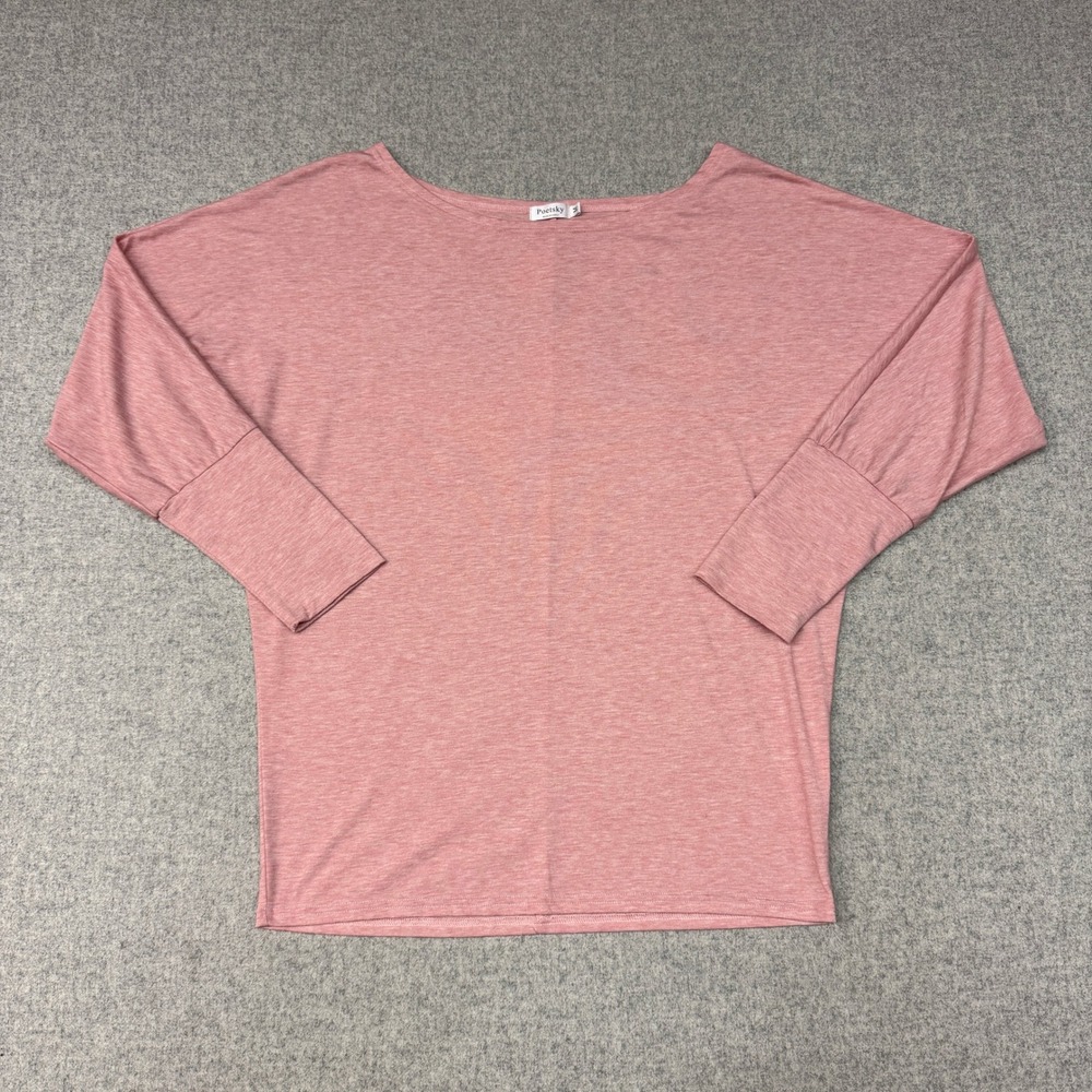 Poetsky | Batwing Sleeve Boat Neck Top | Medium | Pink | Heathered Knit Blouse
